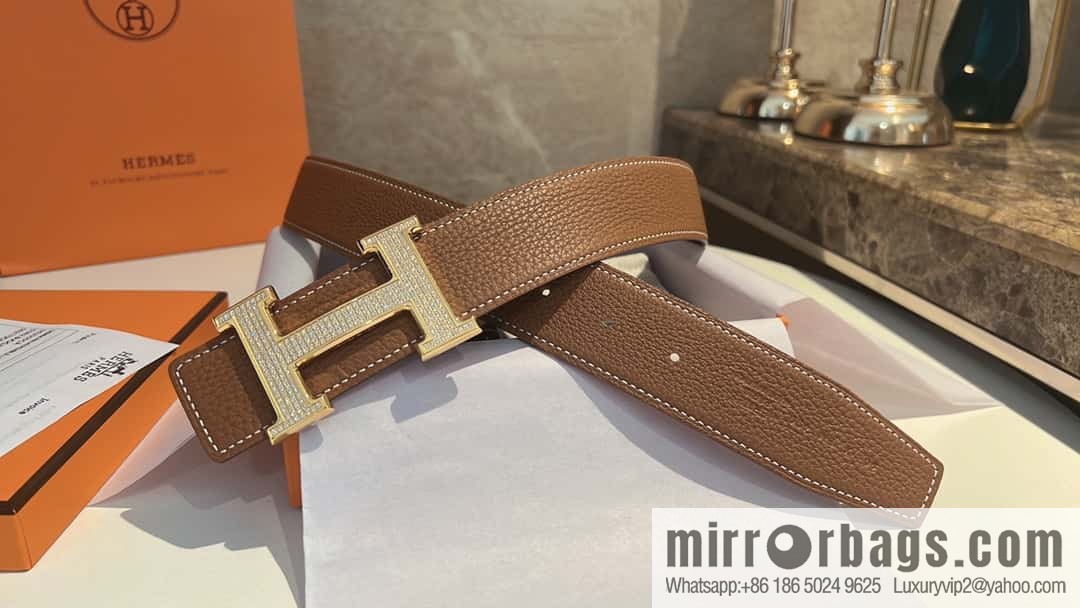 Hermes Hermes, stainless steel inlaid diamond buckle, first layer cowhide lychee texture belt 3.8CM