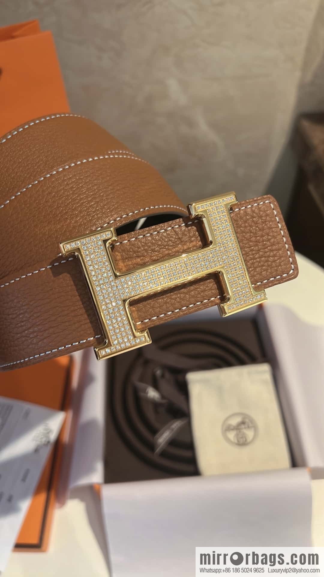 Hermes Hermes, stainless steel inlaid diamond buckle, first layer cowhide lychee texture belt 3.8CM