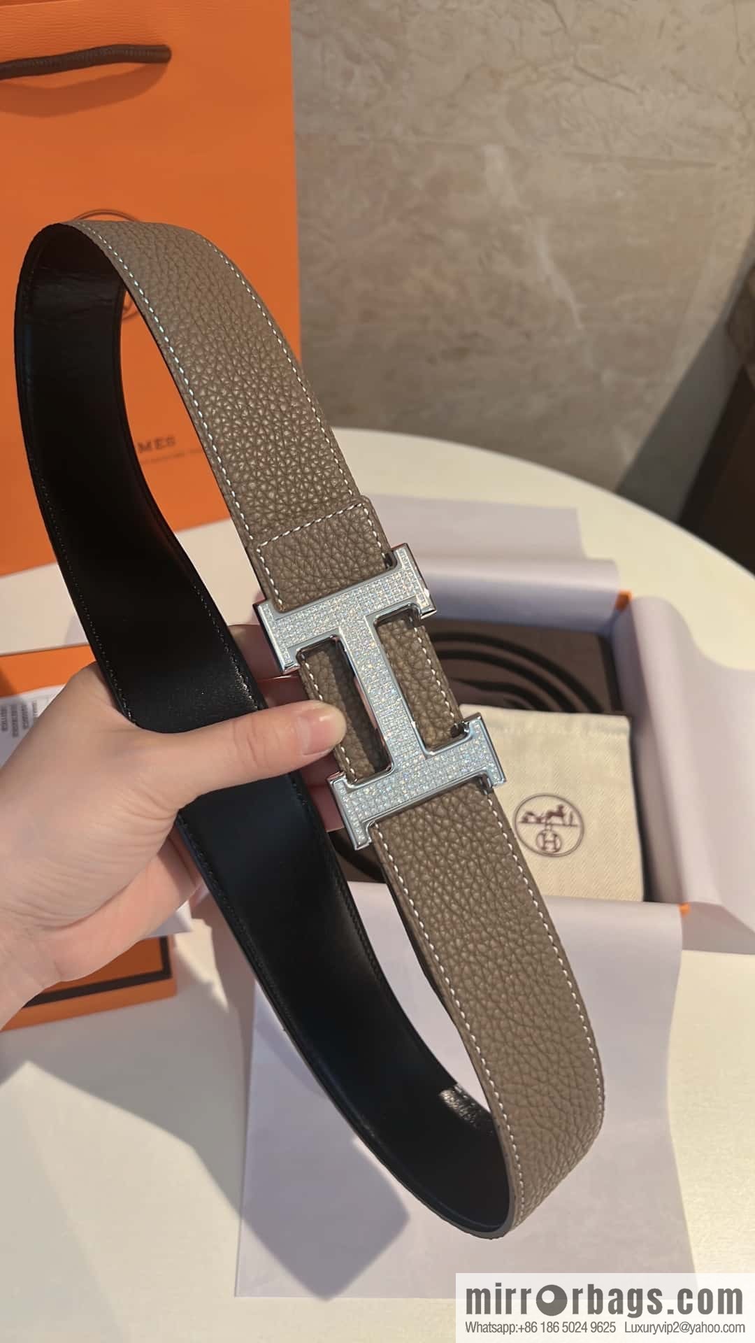 Hermes Hermes, stainless steel inlaid diamond buckle, first layer cowhide lychee texture belt 3.8CM