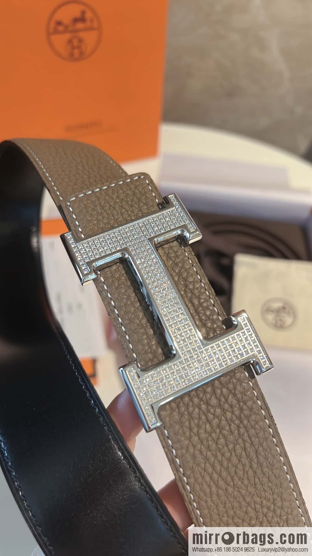 Hermes Hermes, stainless steel inlaid diamond buckle, first layer cowhide lychee texture belt 3.8CM