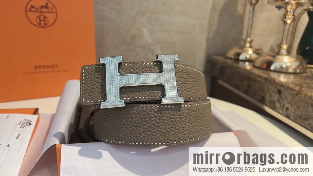 Hermes Hermes, stainless steel inlaid diamond buckle, first layer cowhide lychee texture belt 3.8CM