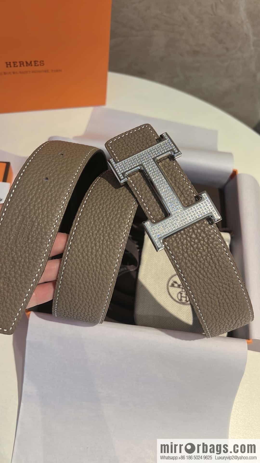 Hermes Hermes, stainless steel inlaid diamond buckle, first layer cowhide lychee texture belt 3.8CM