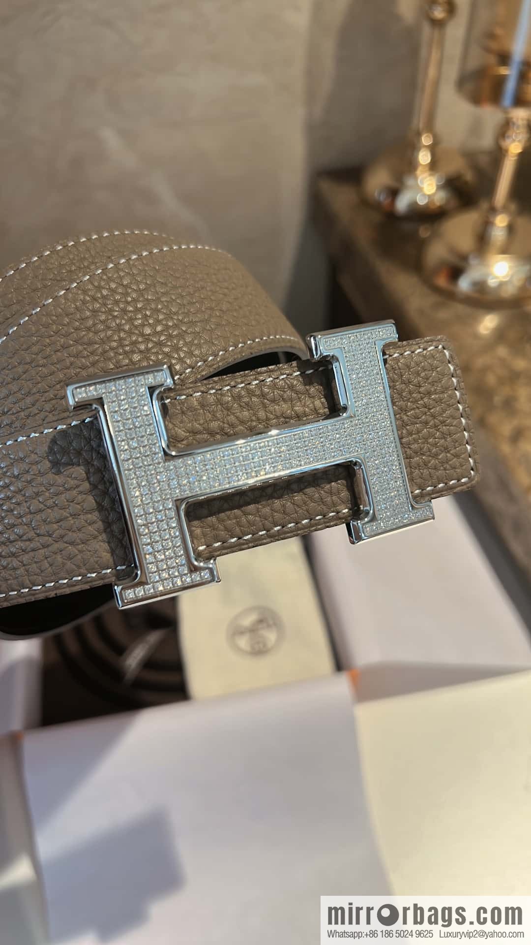 Hermes Hermes, stainless steel inlaid diamond buckle, first layer cowhide lychee texture belt 3.8CM