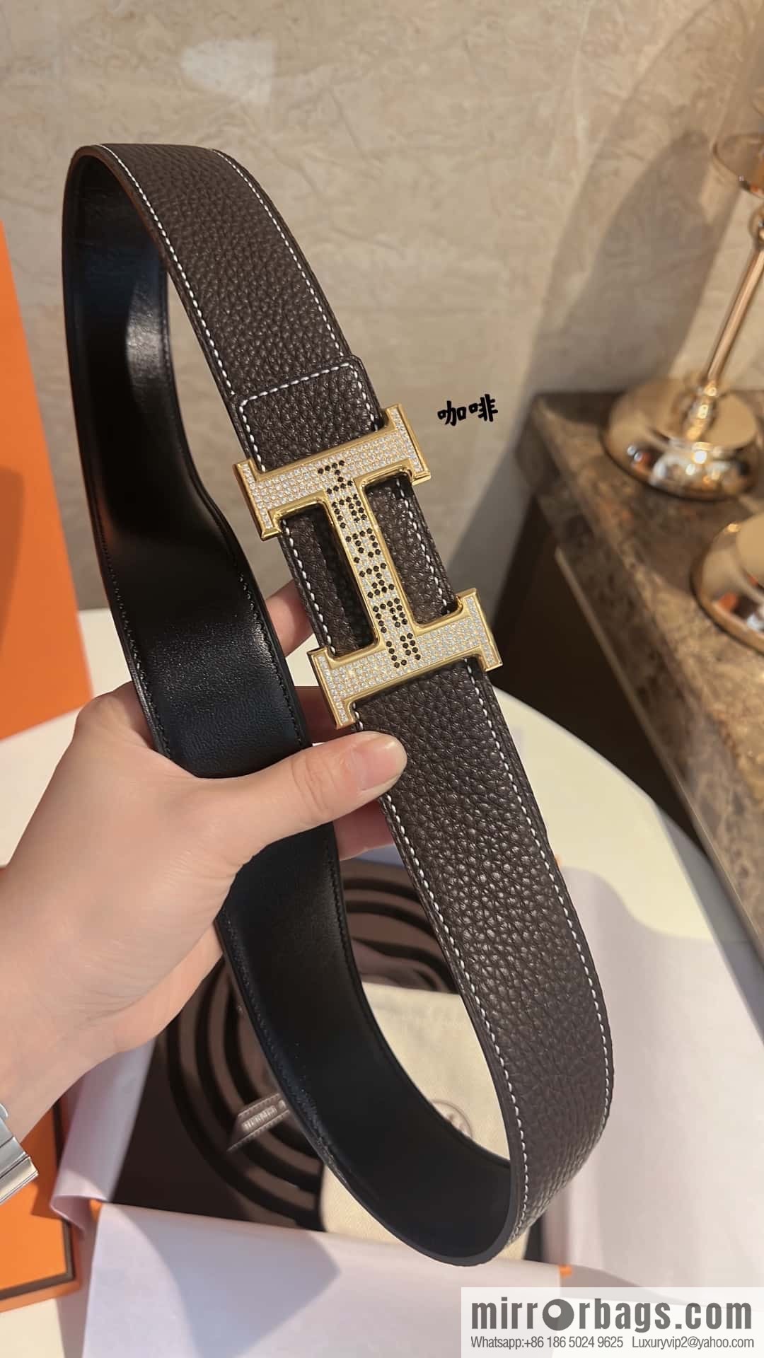 Hermes Hermes, stainless steel inlaid diamond buckle, first layer cowhide lychee texture belt 3.8CM