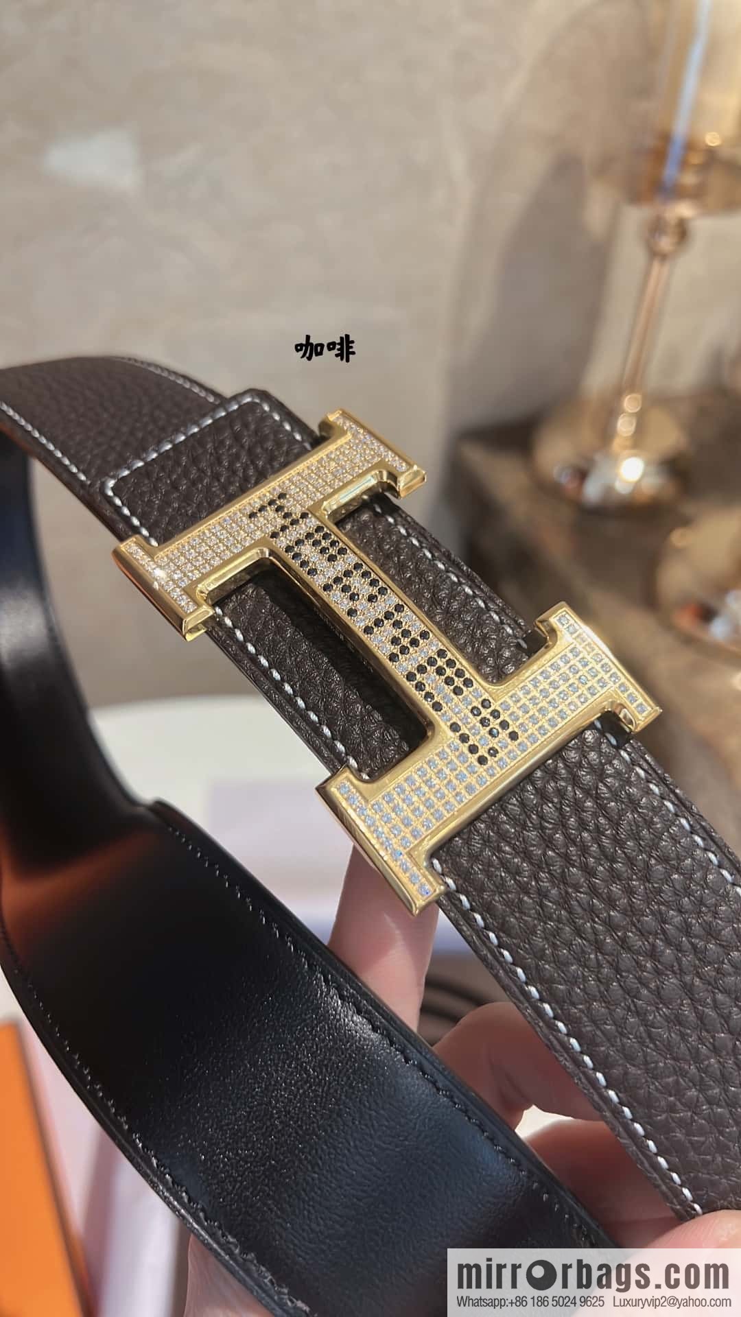Hermes Hermes, stainless steel inlaid diamond buckle, first layer cowhide lychee texture belt 3.8CM