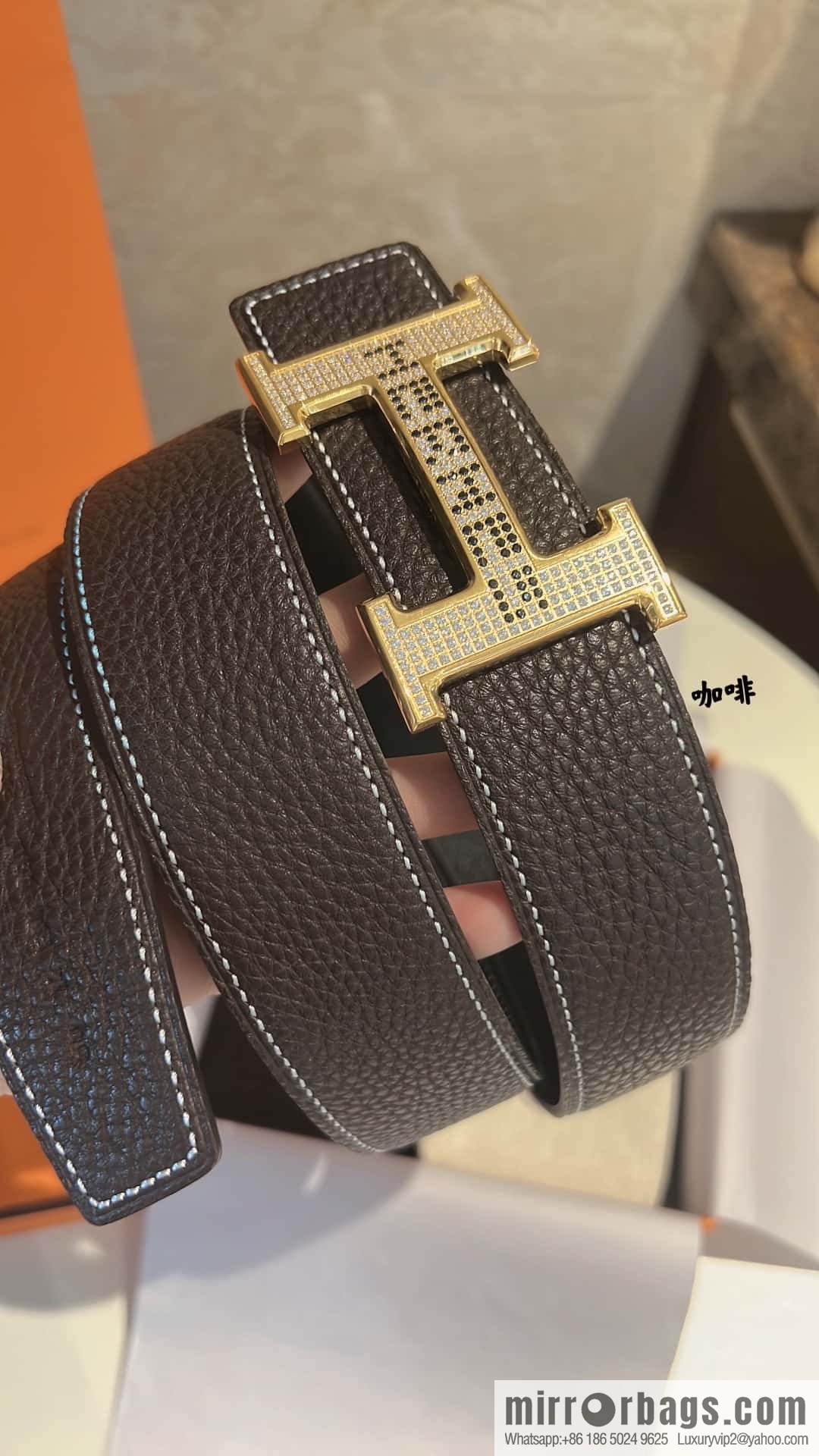 Hermes Hermes, stainless steel inlaid diamond buckle, first layer cowhide lychee texture belt 3.8CM