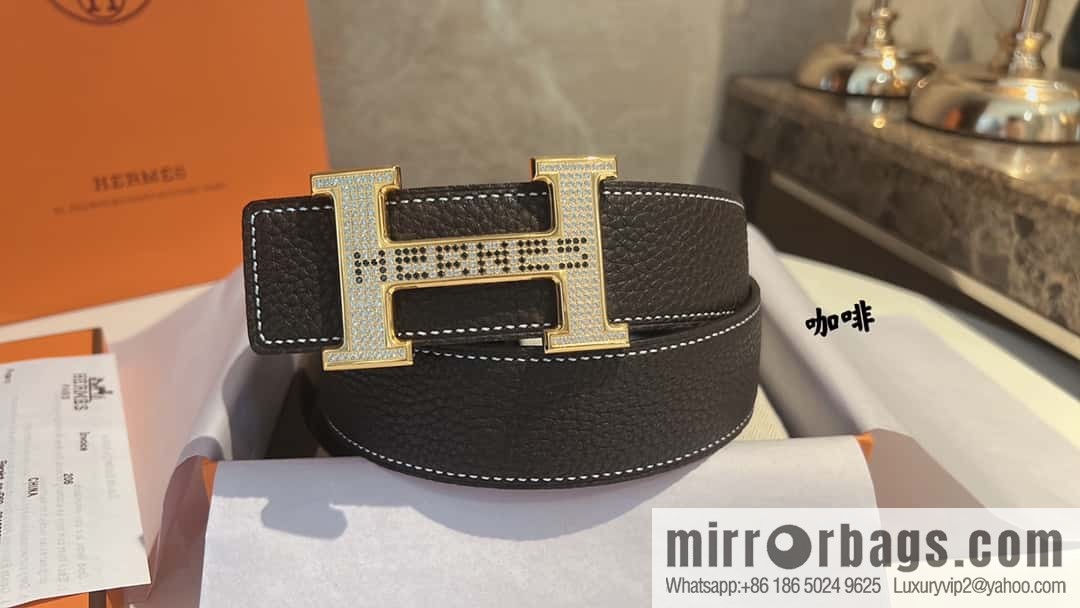 Hermes Hermes, stainless steel inlaid diamond buckle, first layer cowhide lychee texture belt 3.8CM