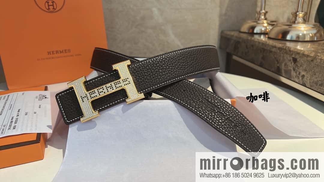 Hermes Hermes, stainless steel inlaid diamond buckle, first layer cowhide lychee texture belt 3.8CM