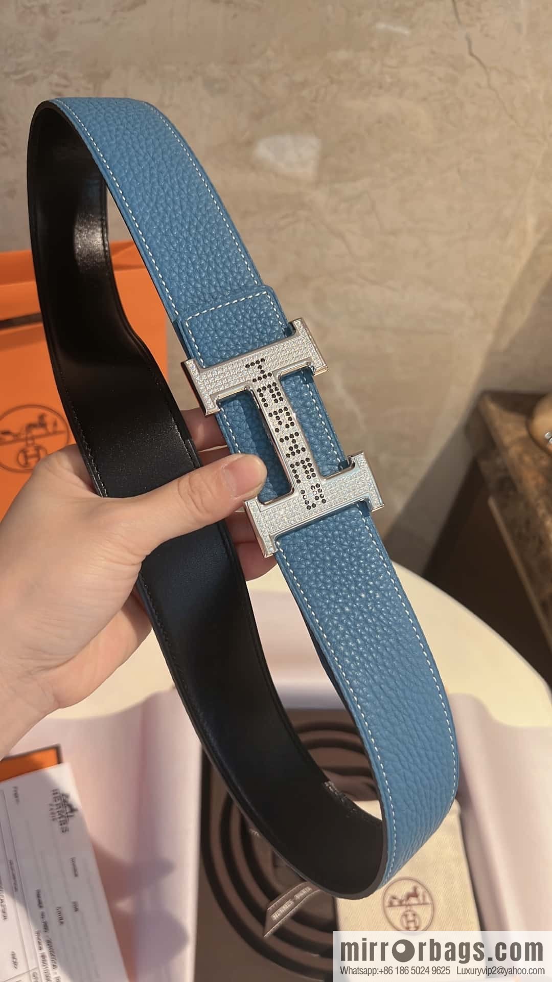 Hermes Hermes, stainless steel inlaid diamond buckle, first layer cowhide lychee texture belt 3.8CM