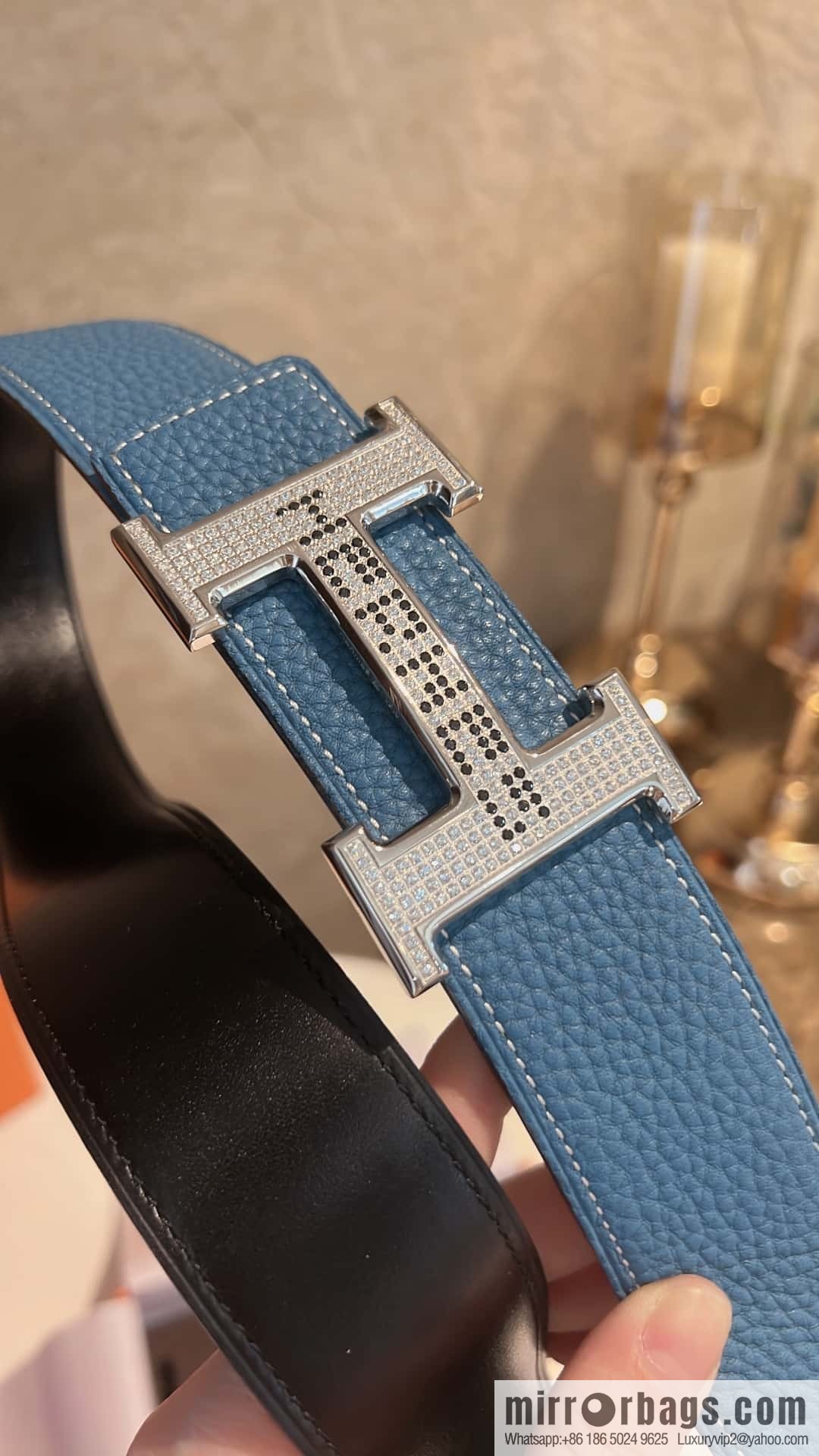 Hermes Hermes, stainless steel inlaid diamond buckle, first layer cowhide lychee texture belt 3.8CM