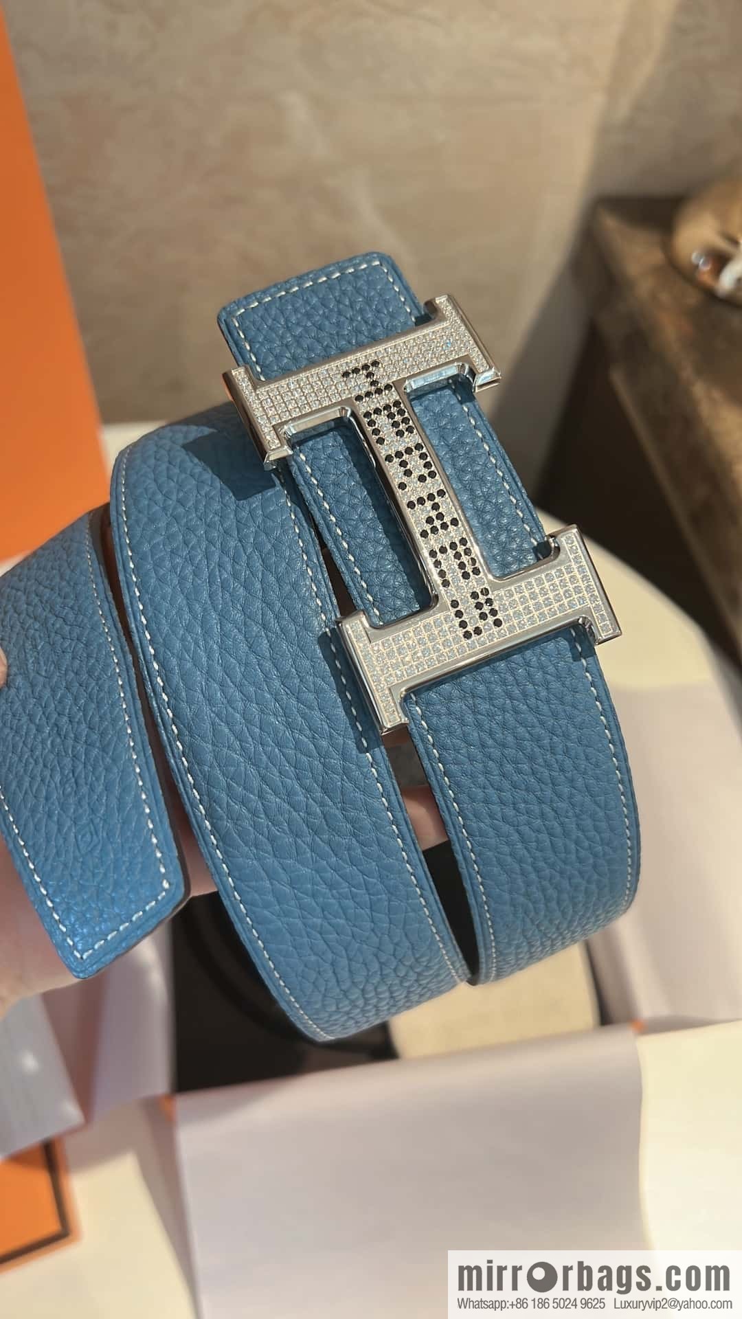 Hermes Hermes, stainless steel inlaid diamond buckle, first layer cowhide lychee texture belt 3.8CM