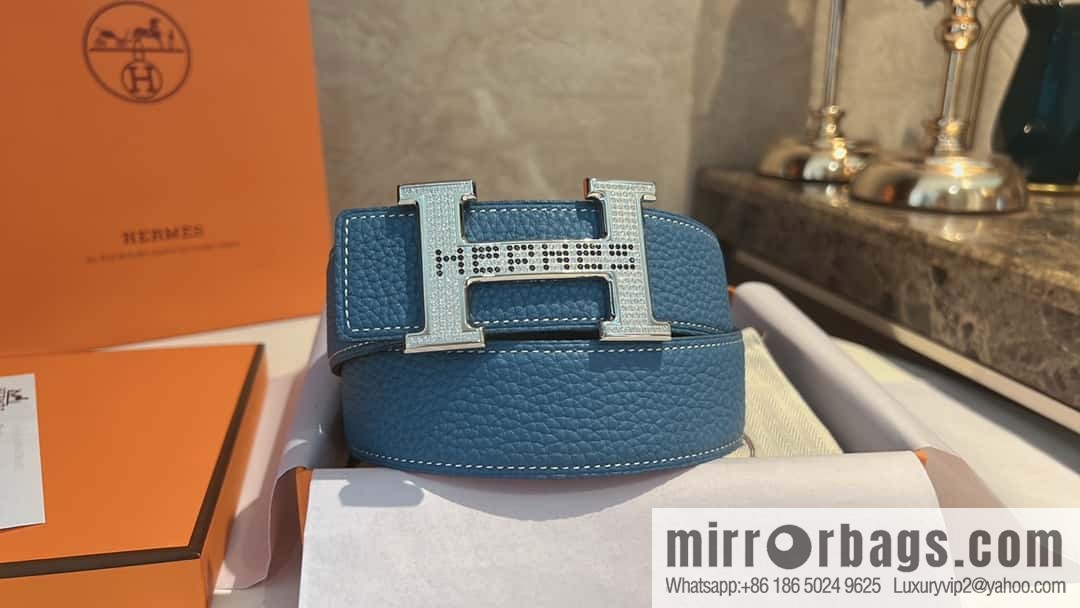 Hermes Hermes, stainless steel inlaid diamond buckle, first layer cowhide lychee texture belt 3.8CM