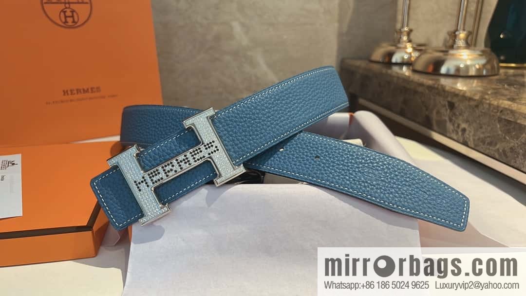 Hermes Hermes, stainless steel inlaid diamond buckle, first layer cowhide lychee texture belt 3.8CM