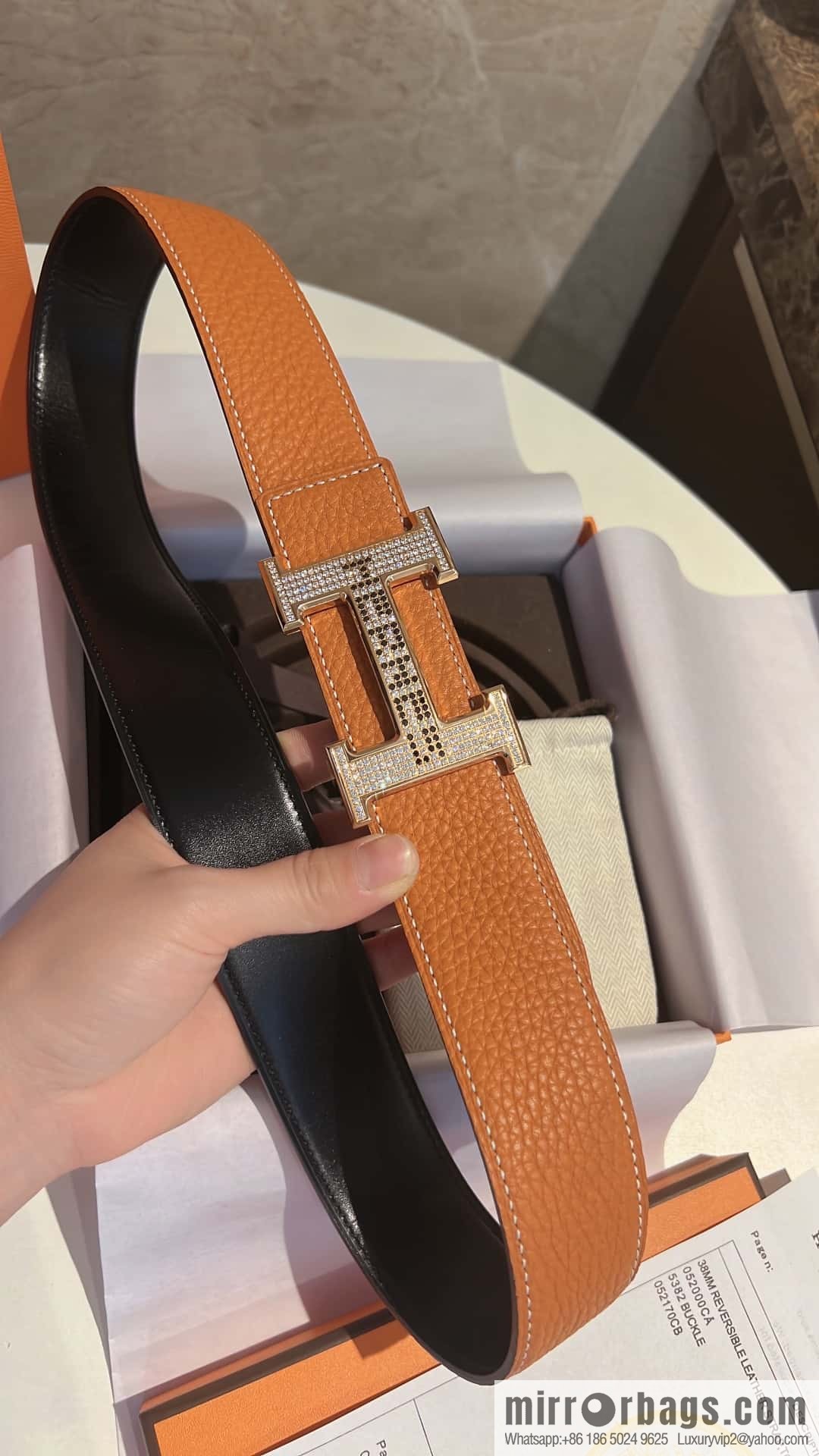 Hermes Hermes, stainless steel inlaid diamond buckle, first layer cowhide lychee texture belt 3.8CM