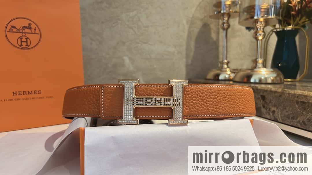Hermes Hermes, stainless steel inlaid diamond buckle, first layer cowhide lychee texture belt 3.8CM