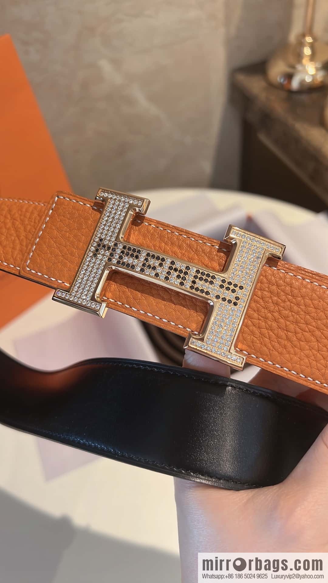 Hermes Hermes, stainless steel inlaid diamond buckle, first layer cowhide lychee texture belt 3.8CM