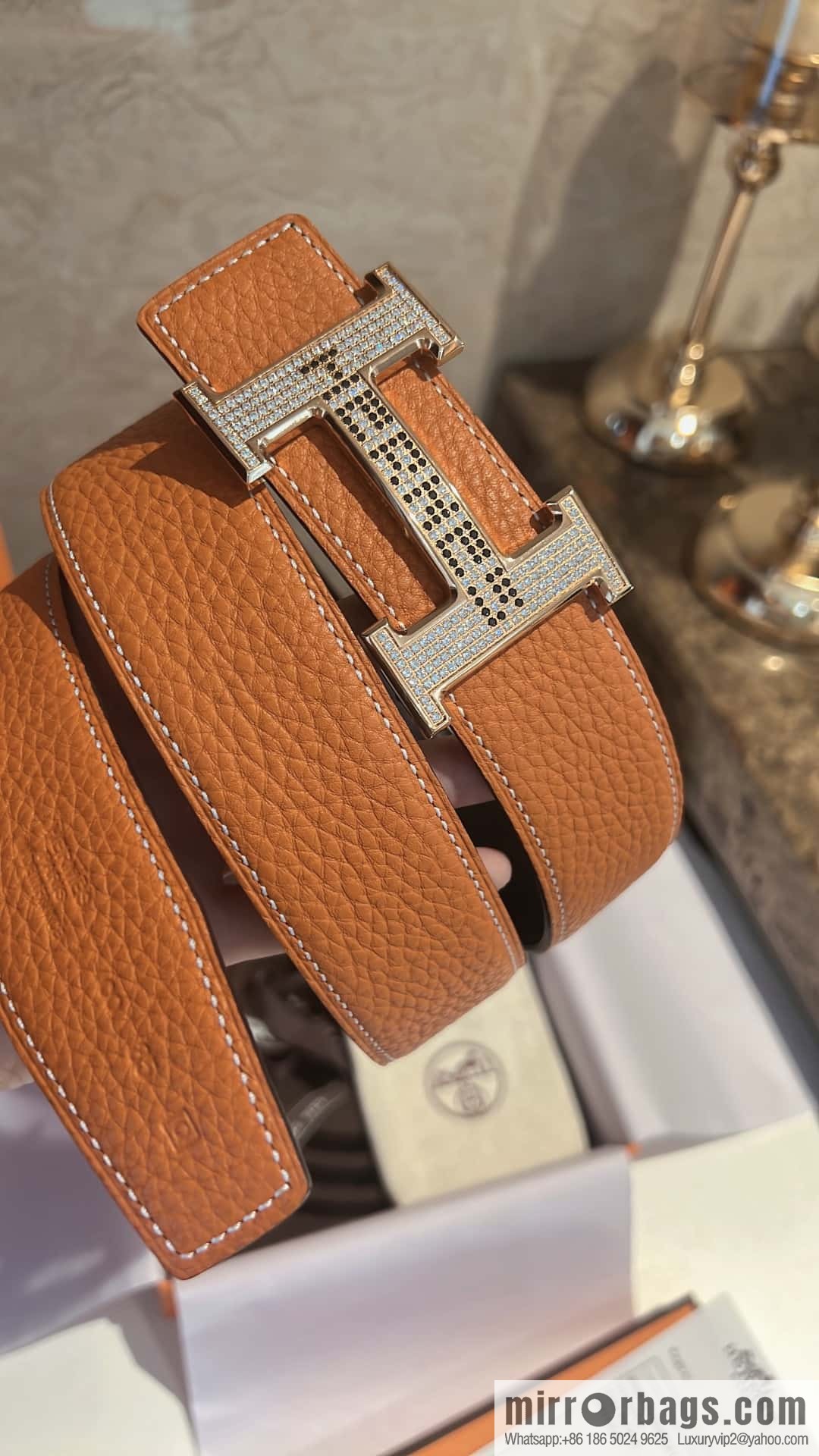 Hermes Hermes, stainless steel inlaid diamond buckle, first layer cowhide lychee texture belt 3.8CM