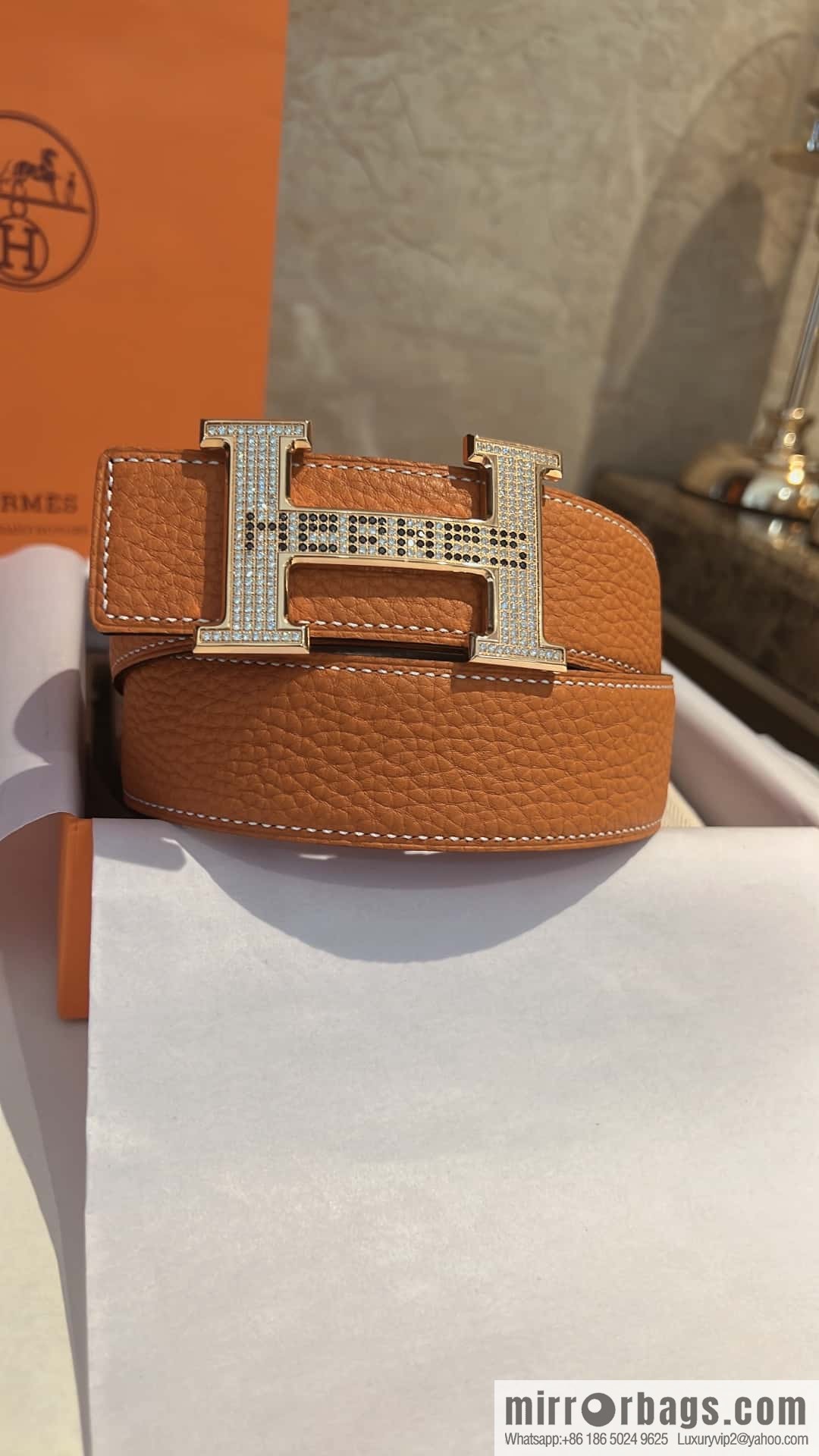 Hermes Hermes, stainless steel inlaid diamond buckle, first layer cowhide lychee texture belt 3.8CM
