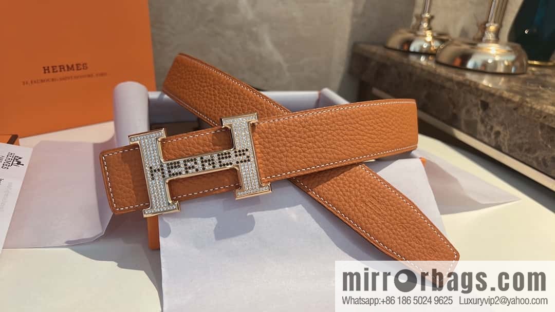 Hermes Hermes, stainless steel inlaid diamond buckle, first layer cowhide lychee texture belt 3.8CM