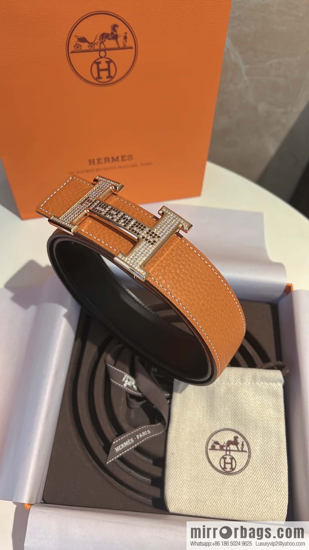 Hermes Hermes, stainless steel inlaid diamond buckle, first layer cowhide lychee texture belt 3.8CM