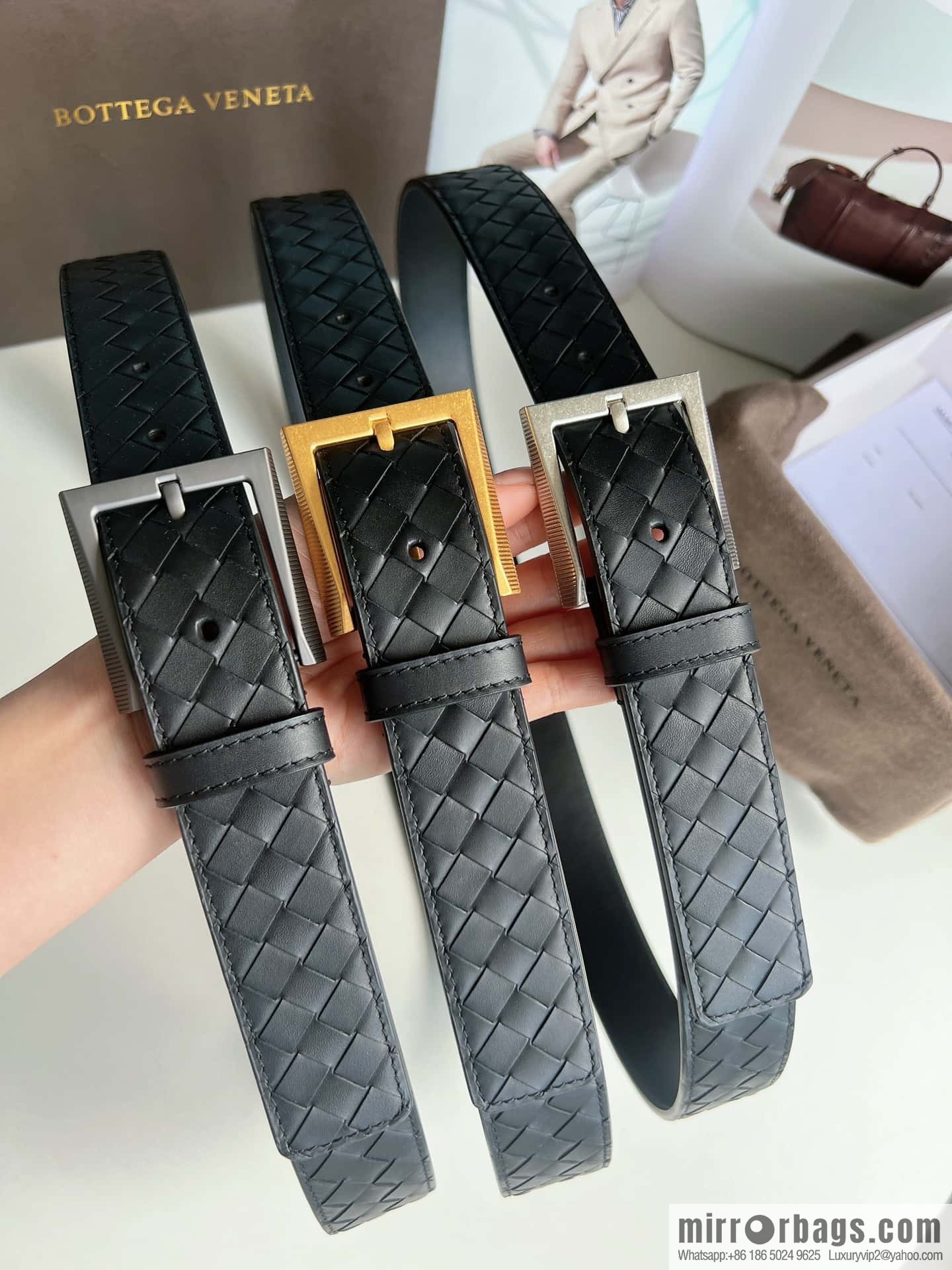 Bottega. Venetia, matte calfskin woven with needle button men's 3.5cm belt