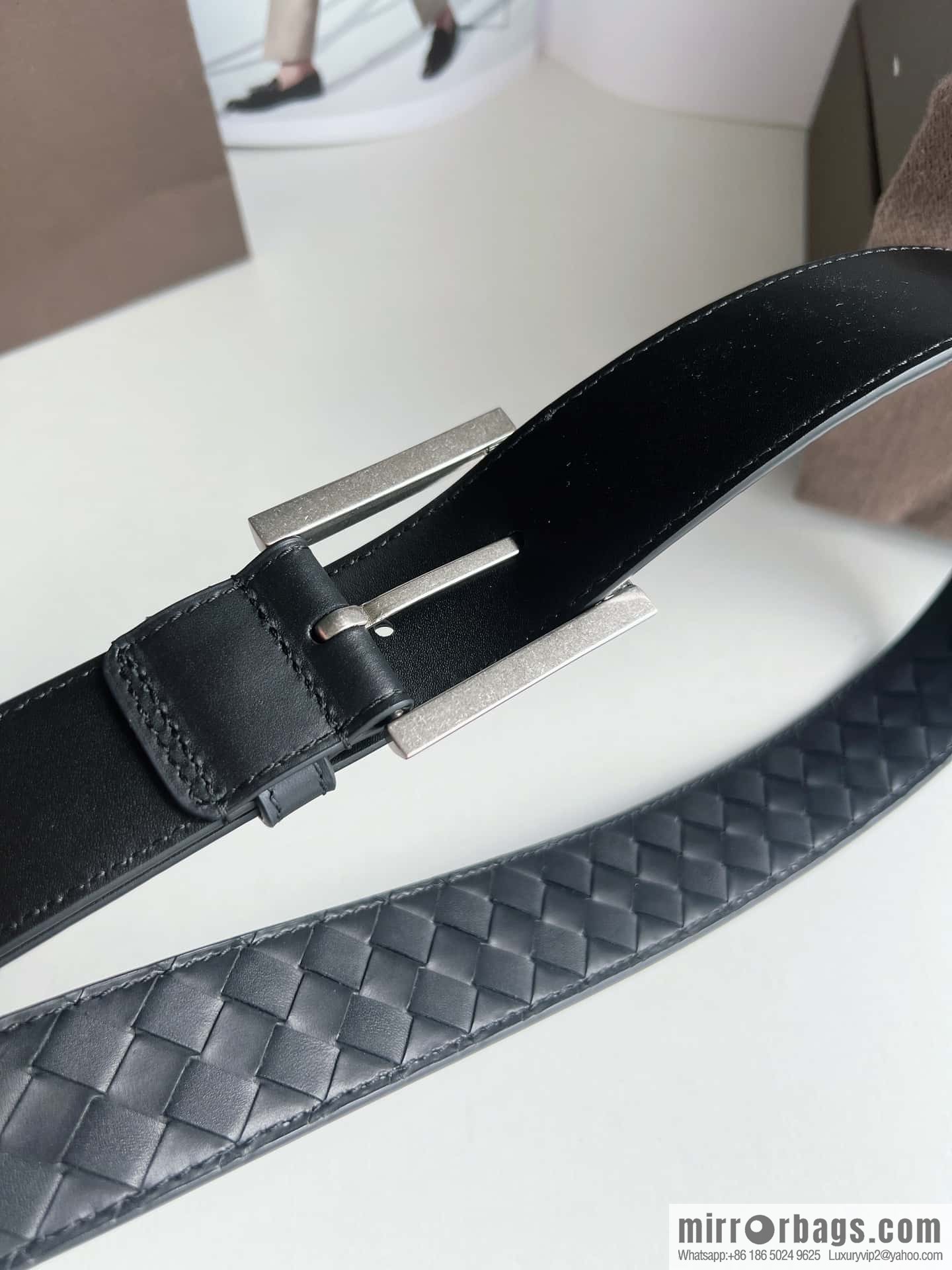 Bottega. Venetia, matte calfskin woven with needle button men's 3.5cm belt