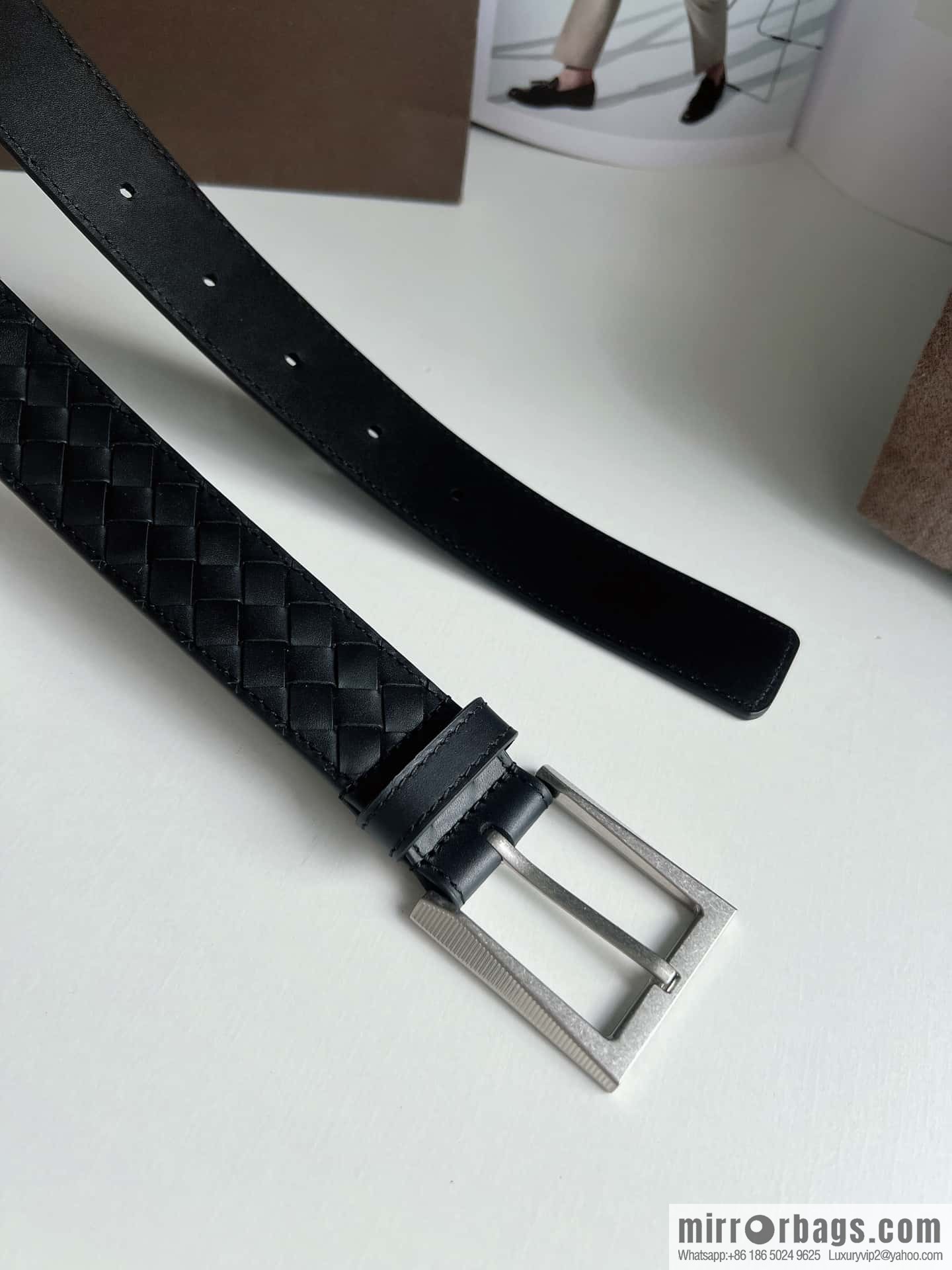 Bottega. Venetia, matte calfskin woven with needle button men's 3.5cm belt