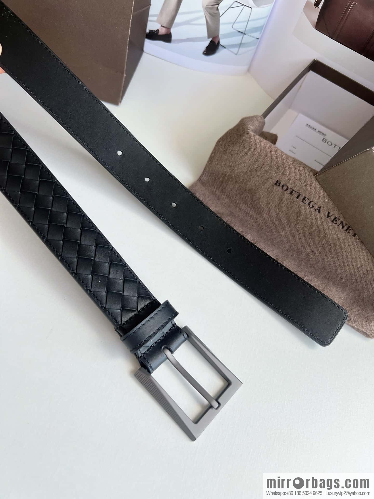 Bottega. Venetia, matte calfskin woven with needle button men's 3.5cm belt