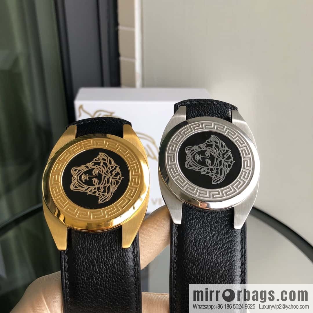VERSACE Versace, stainless steel Medusa metal buckle, men's black first layer cowhide sheep texture belt 3.5cm