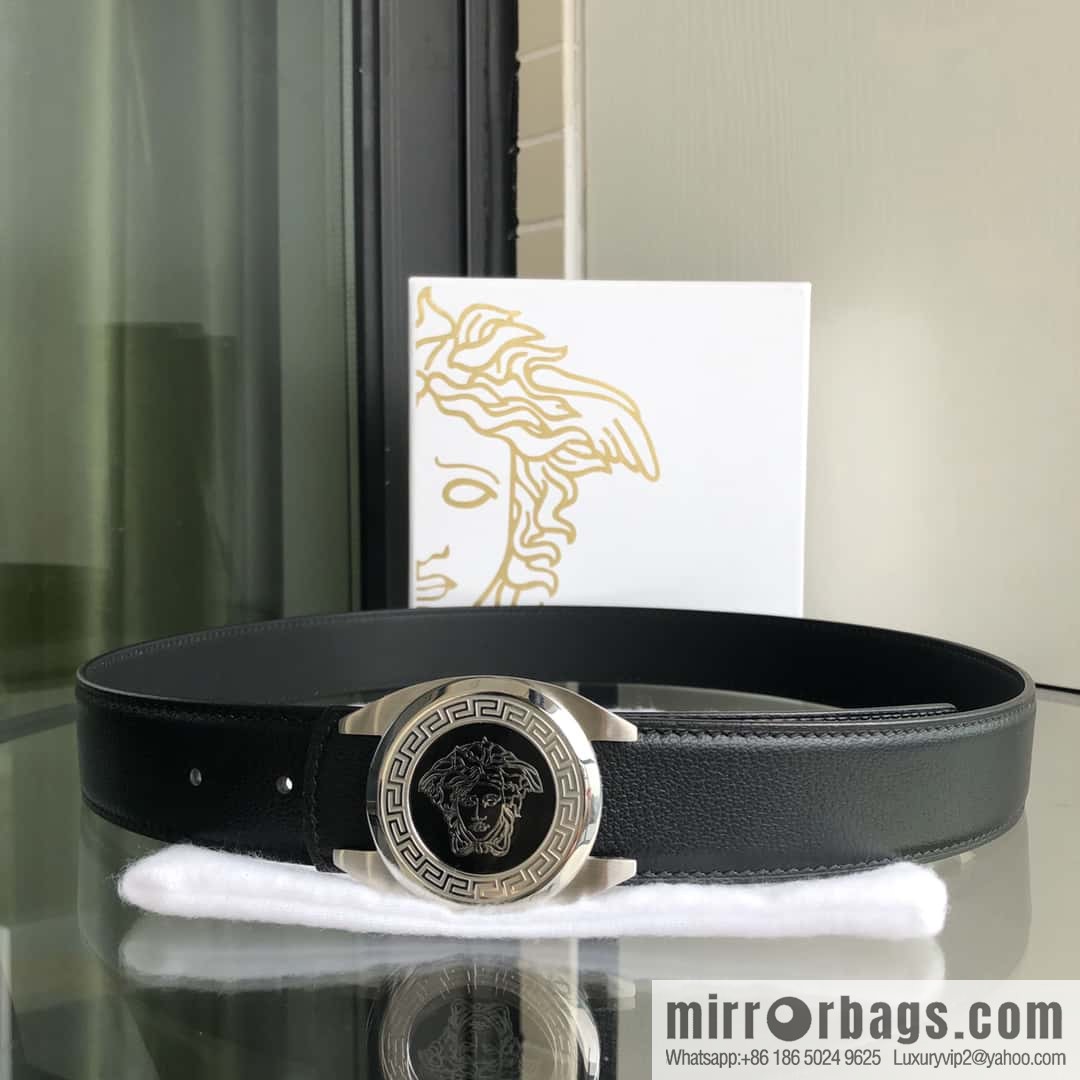 VERSACE Versace, stainless steel Medusa metal buckle, men's black first layer cowhide sheep texture belt 3.5cm