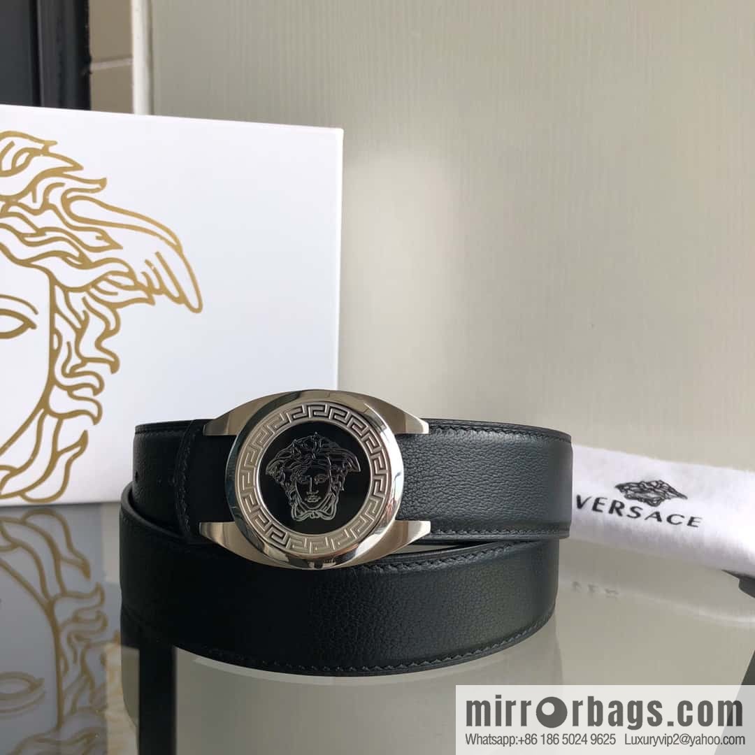 VERSACE Versace, stainless steel Medusa metal buckle, men's black first layer cowhide sheep texture belt 3.5cm