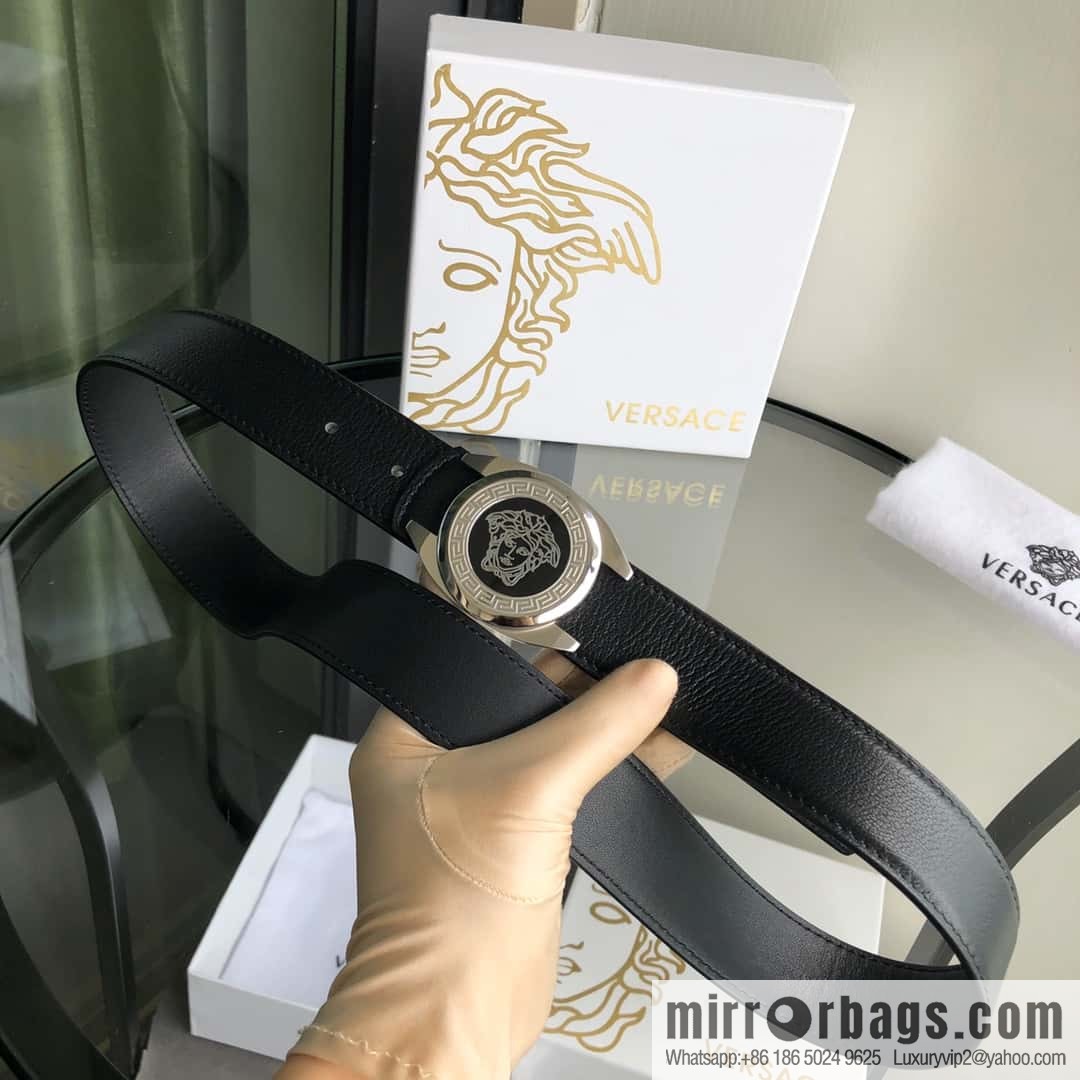 VERSACE Versace, stainless steel Medusa metal buckle, men's black first layer cowhide sheep texture belt 3.5cm