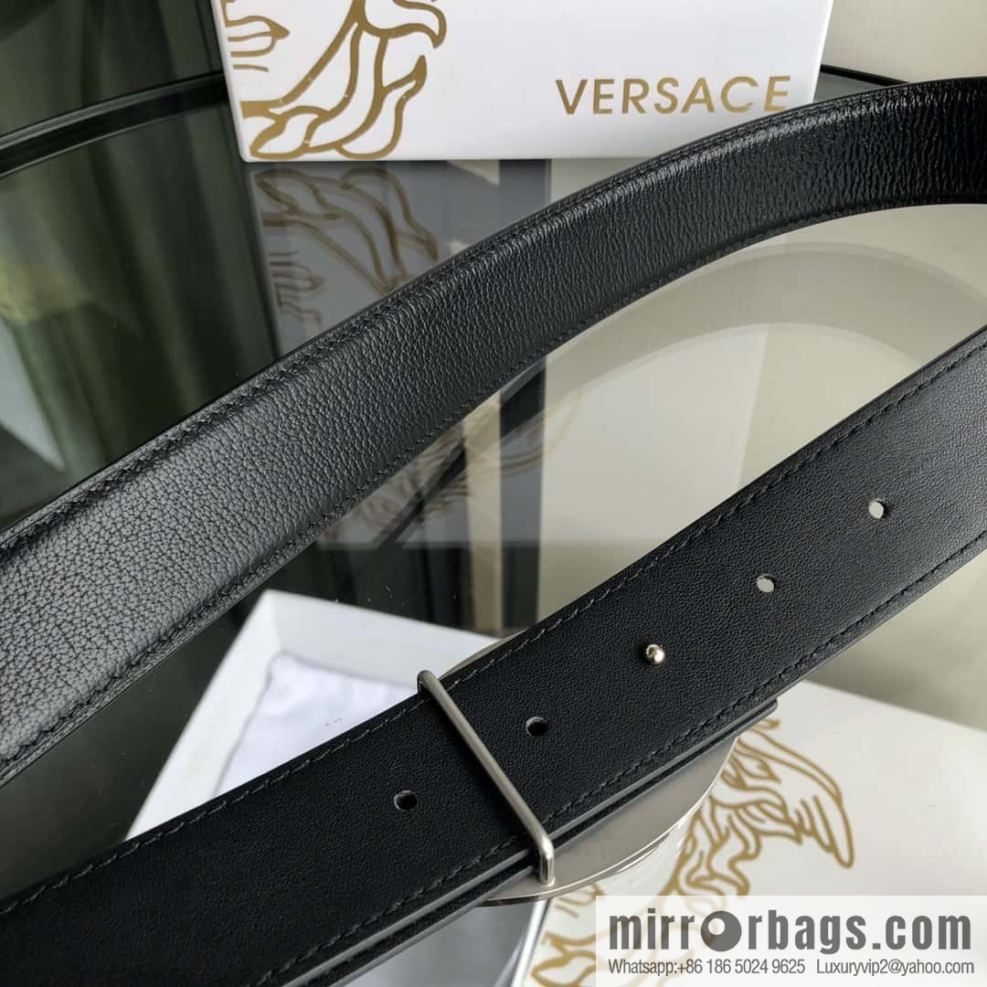 VERSACE Versace, stainless steel Medusa metal buckle, men's black first layer cowhide sheep texture belt 3.5cm