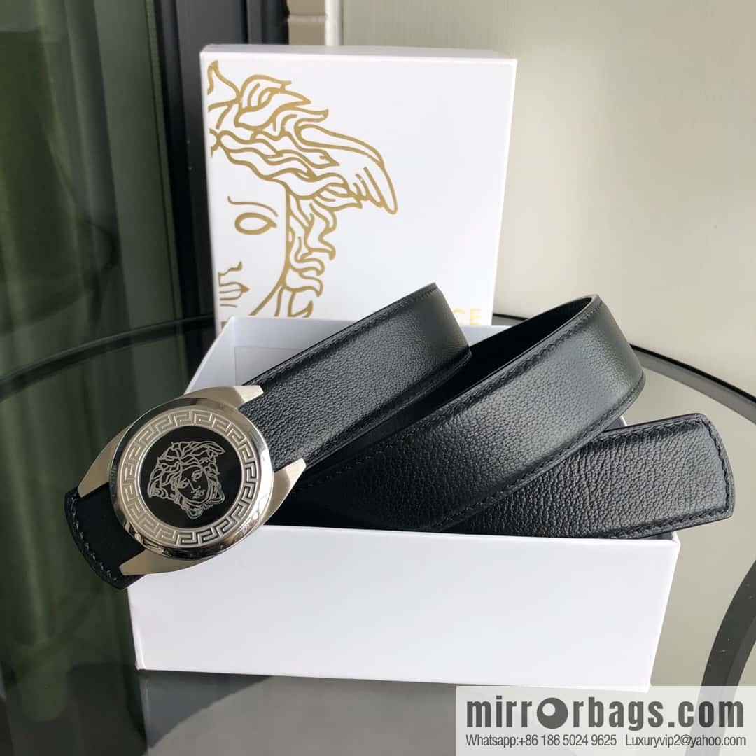 VERSACE Versace, stainless steel Medusa metal buckle, men's black first layer cowhide sheep texture belt 3.5cm