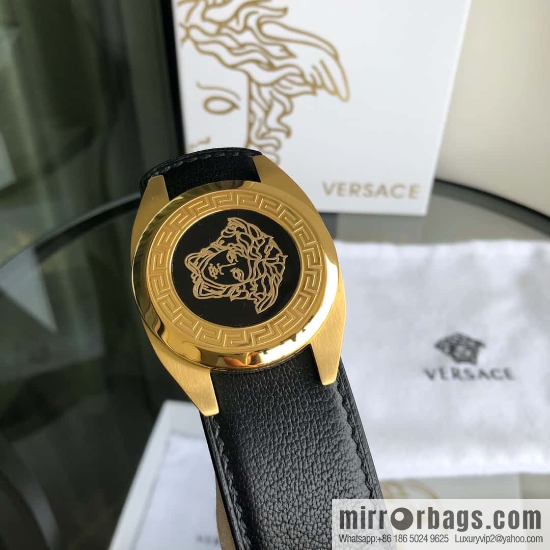 VERSACE Versace, stainless steel Medusa metal buckle, men's black first layer cowhide sheep texture belt 3.5cm