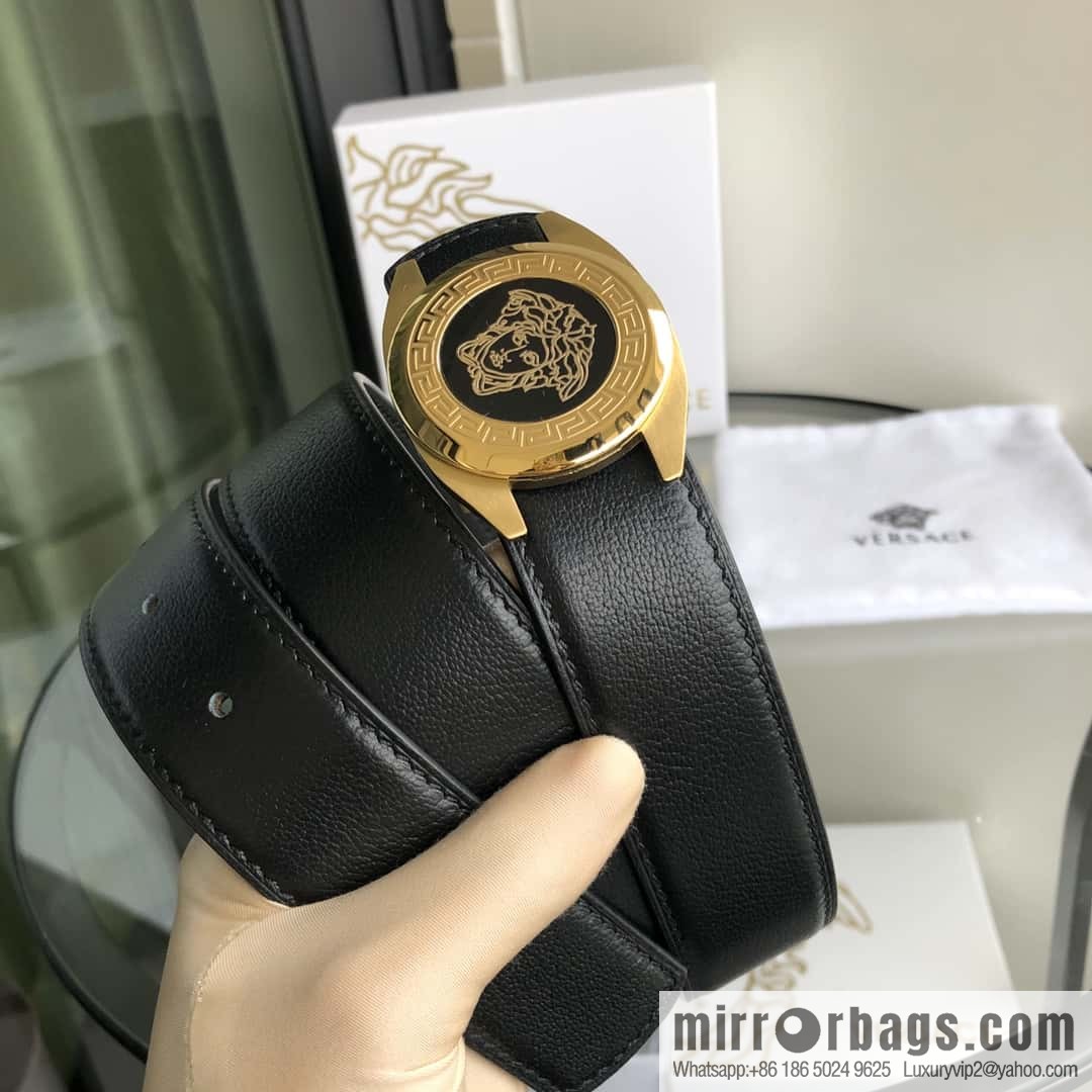 VERSACE Versace, stainless steel Medusa metal buckle, men's black first layer cowhide sheep texture belt 3.5cm