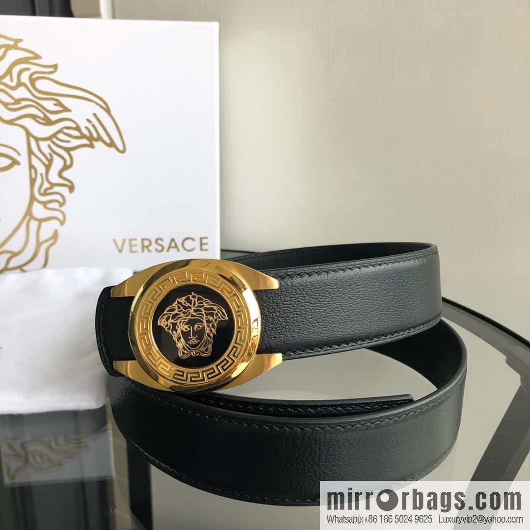 VERSACE Versace, stainless steel Medusa metal buckle, men's black first layer cowhide sheep texture belt 3.5cm