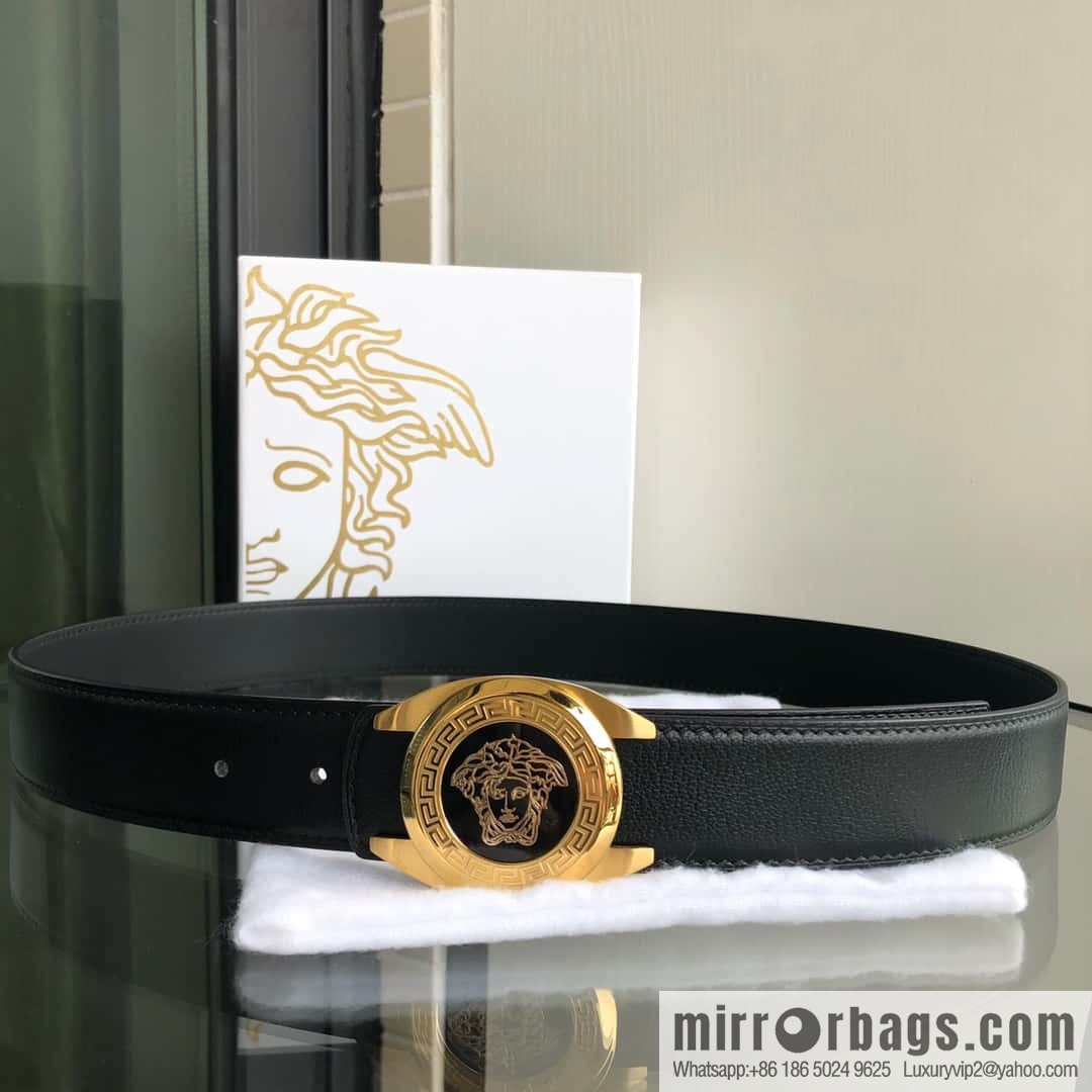 VERSACE Versace, stainless steel Medusa metal buckle, men's black first layer cowhide sheep texture belt 3.5cm