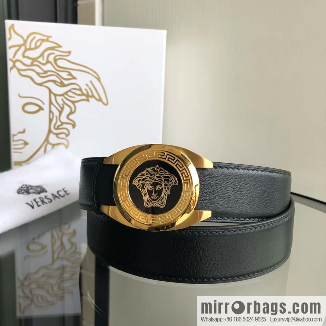 VERSACE Versace, stainless steel Medusa metal buckle, men's black first layer cowhide sheep texture belt 3.5cm