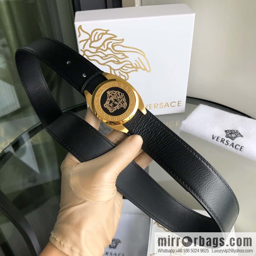 VERSACE Versace, stainless steel Medusa metal buckle, men's black first layer cowhide sheep texture belt 3.5cm