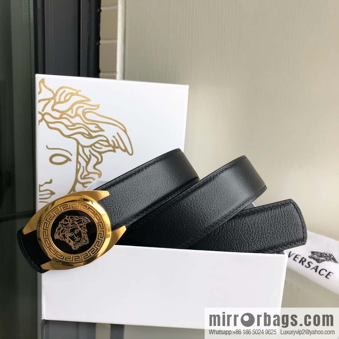 VERSACE Versace, stainless steel Medusa metal buckle, men's black first layer cowhide sheep texture belt 3.5cm