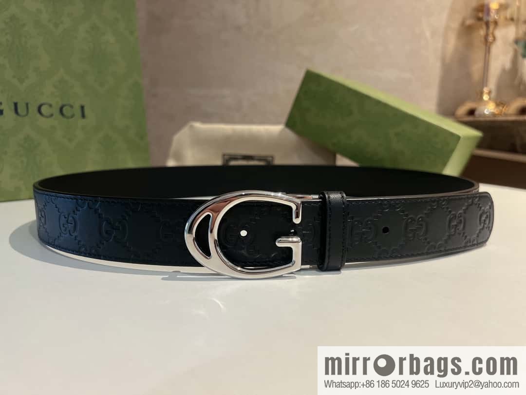 Gucci Gucci, first layer cowhide embossed texture G-shaped metal clip buckle men's 35mm belt