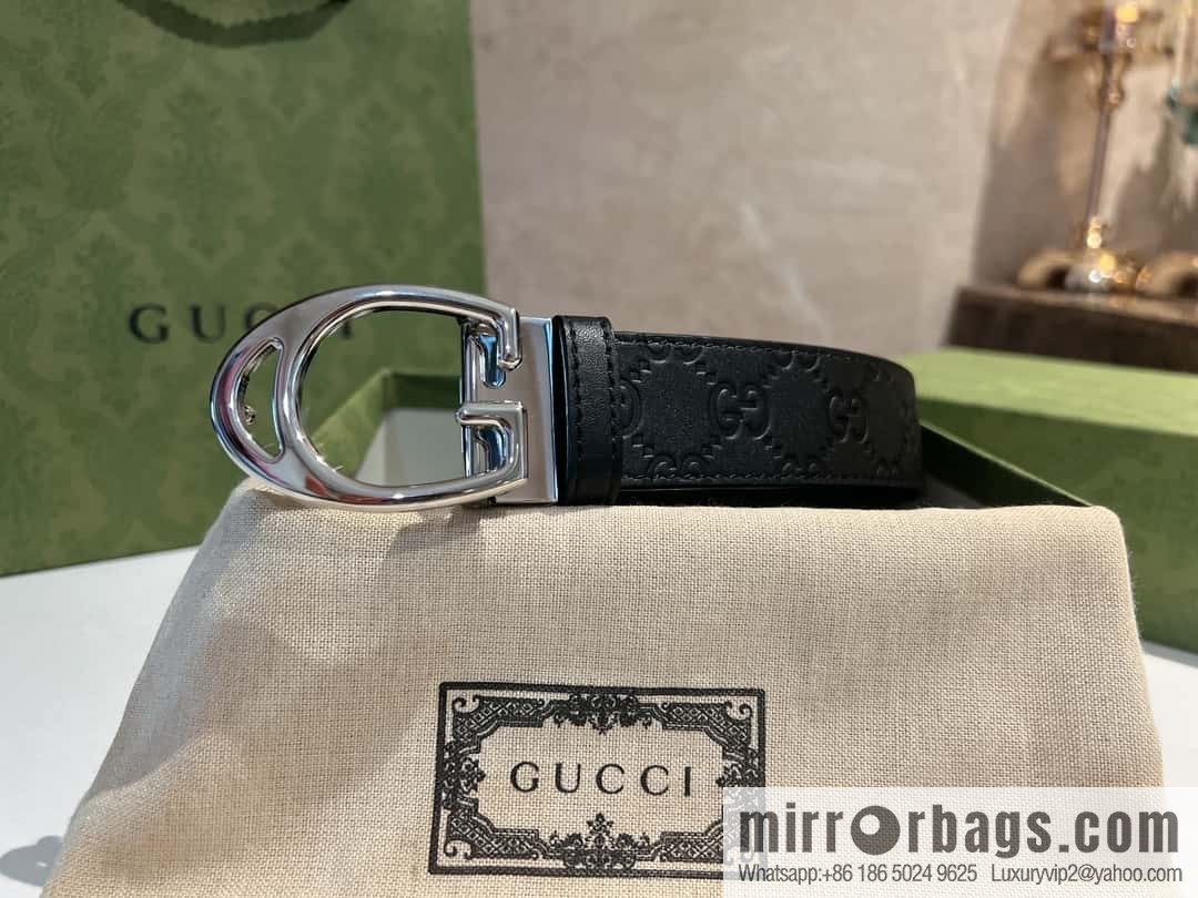 Gucci Gucci, first layer cowhide embossed texture G-shaped metal clip buckle men's 35mm belt