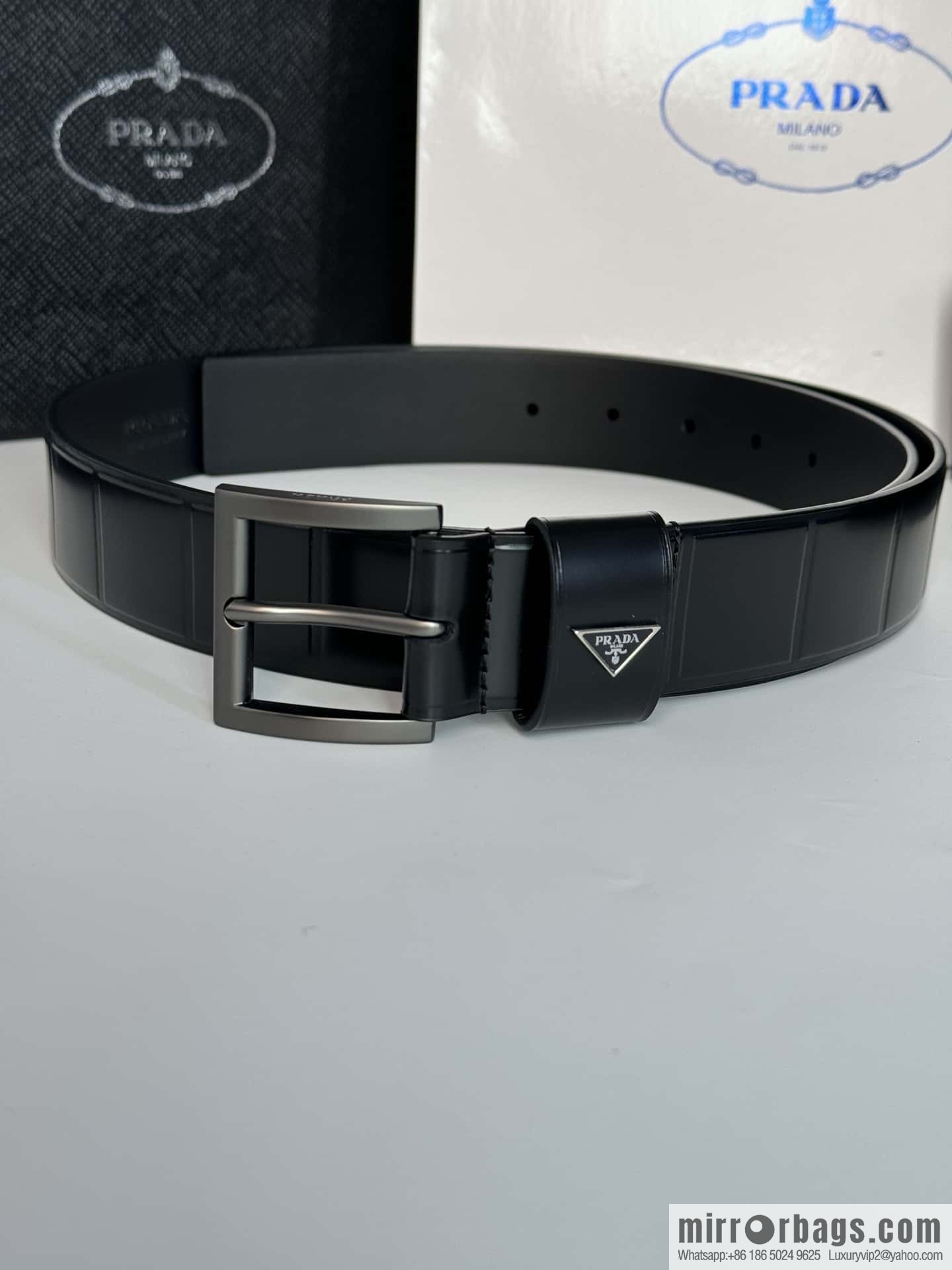 PRADA/Prada, cowhide pressing grid process hardware pin buckle counter new belt 3.5CM