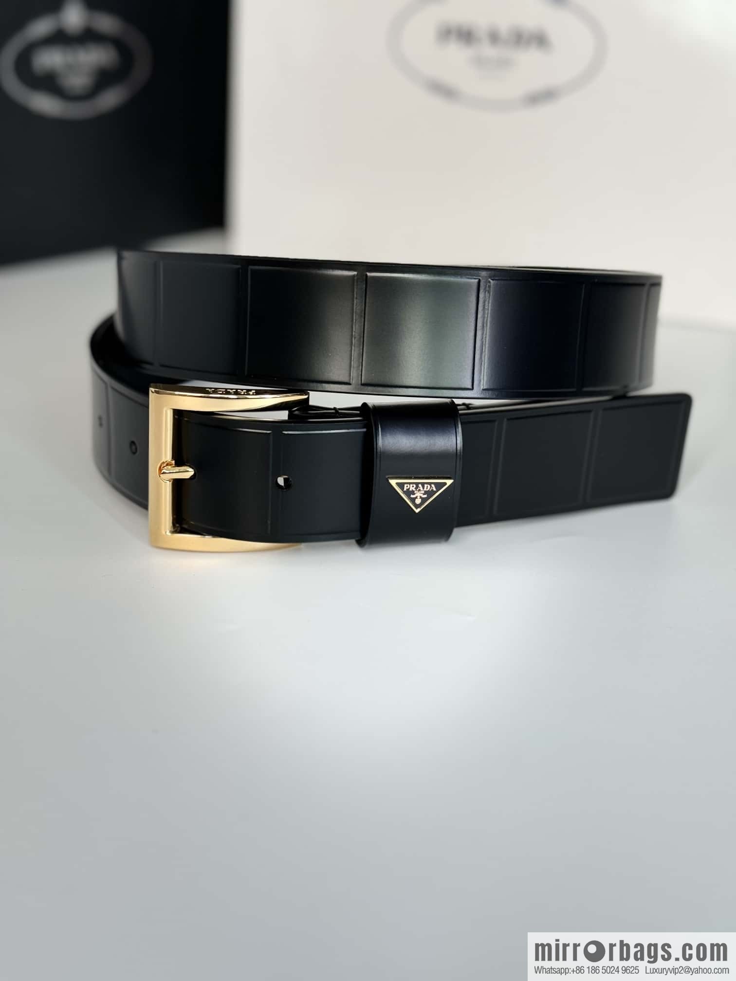 PRADA/Prada, cowhide pressing grid process hardware pin buckle counter new belt 3.5CM