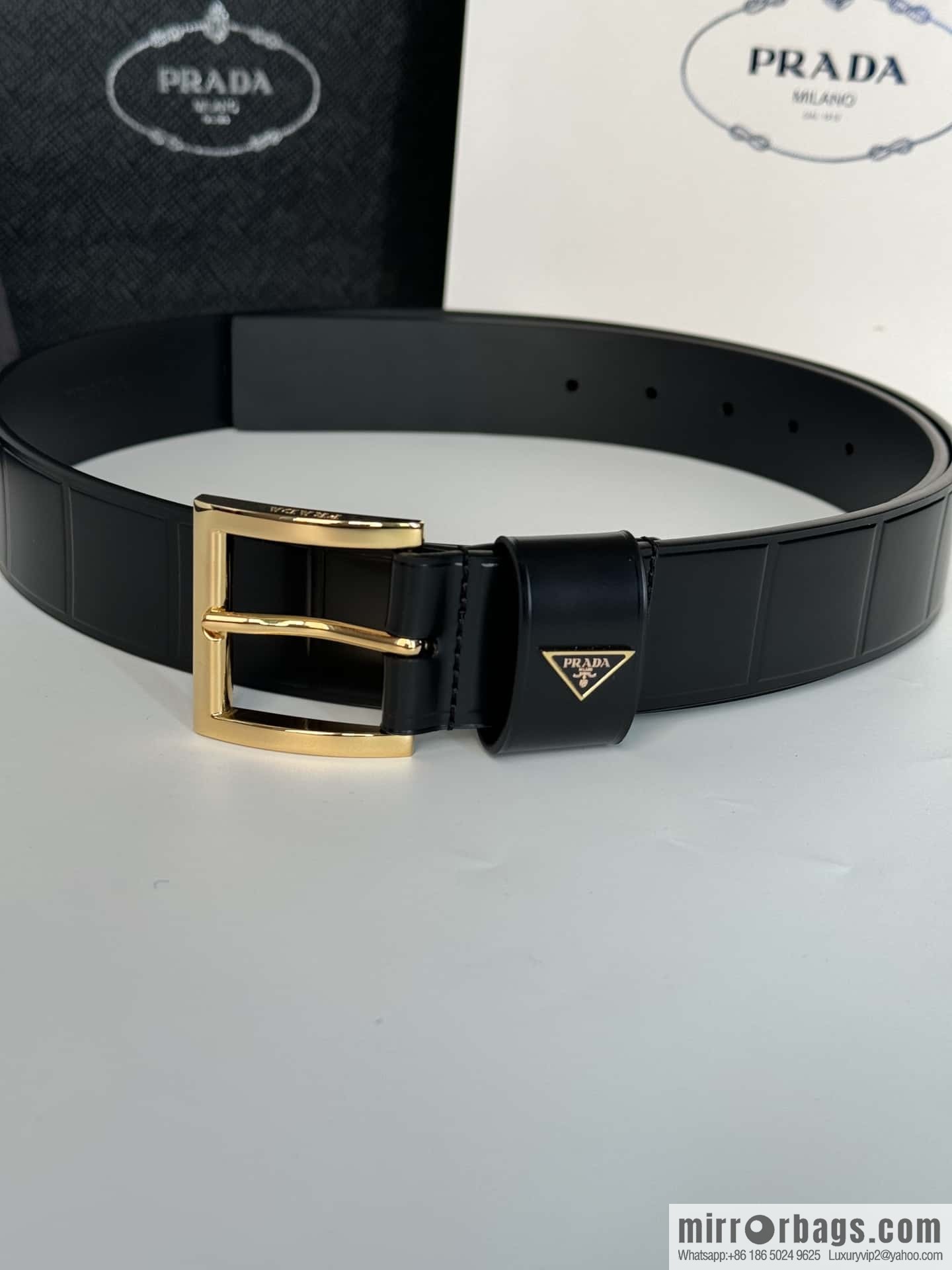 PRADA/Prada, cowhide pressing grid process hardware pin buckle counter new belt 3.5CM