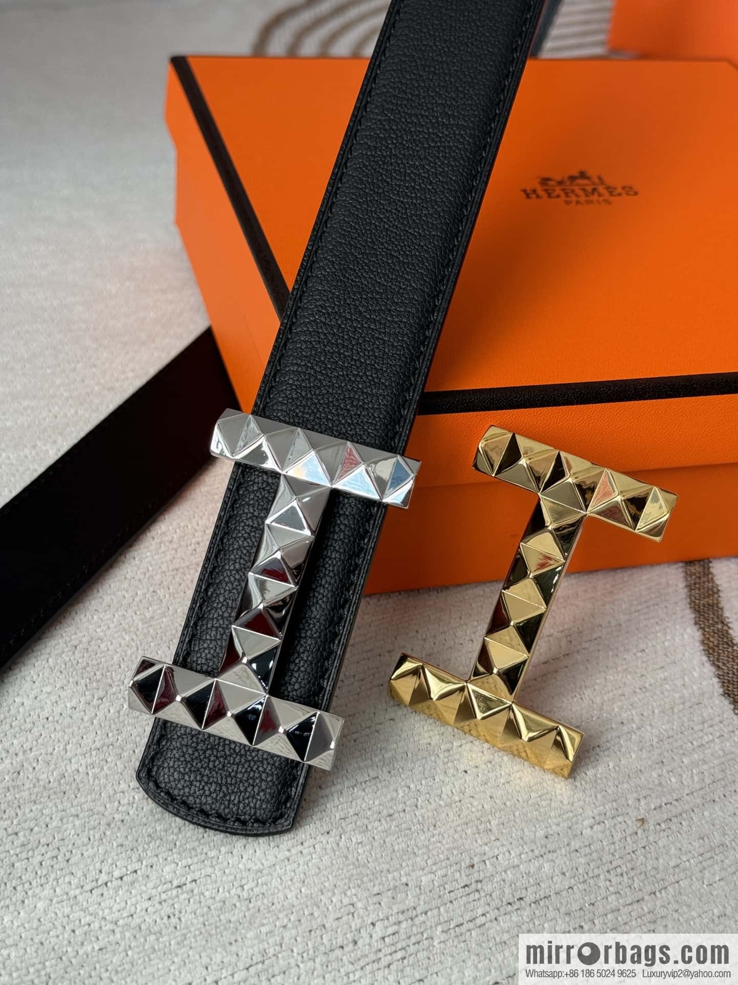 Hermes, double-sided first layer sheep texture stainless steel diamond pattern button head belt 3.5CM