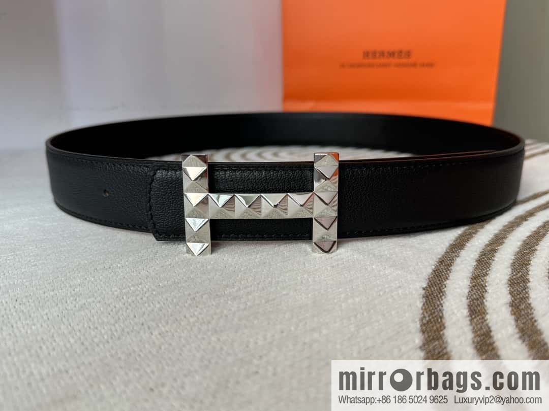 Hermes, double-sided first layer sheep texture stainless steel diamond pattern button head belt 3.5CM