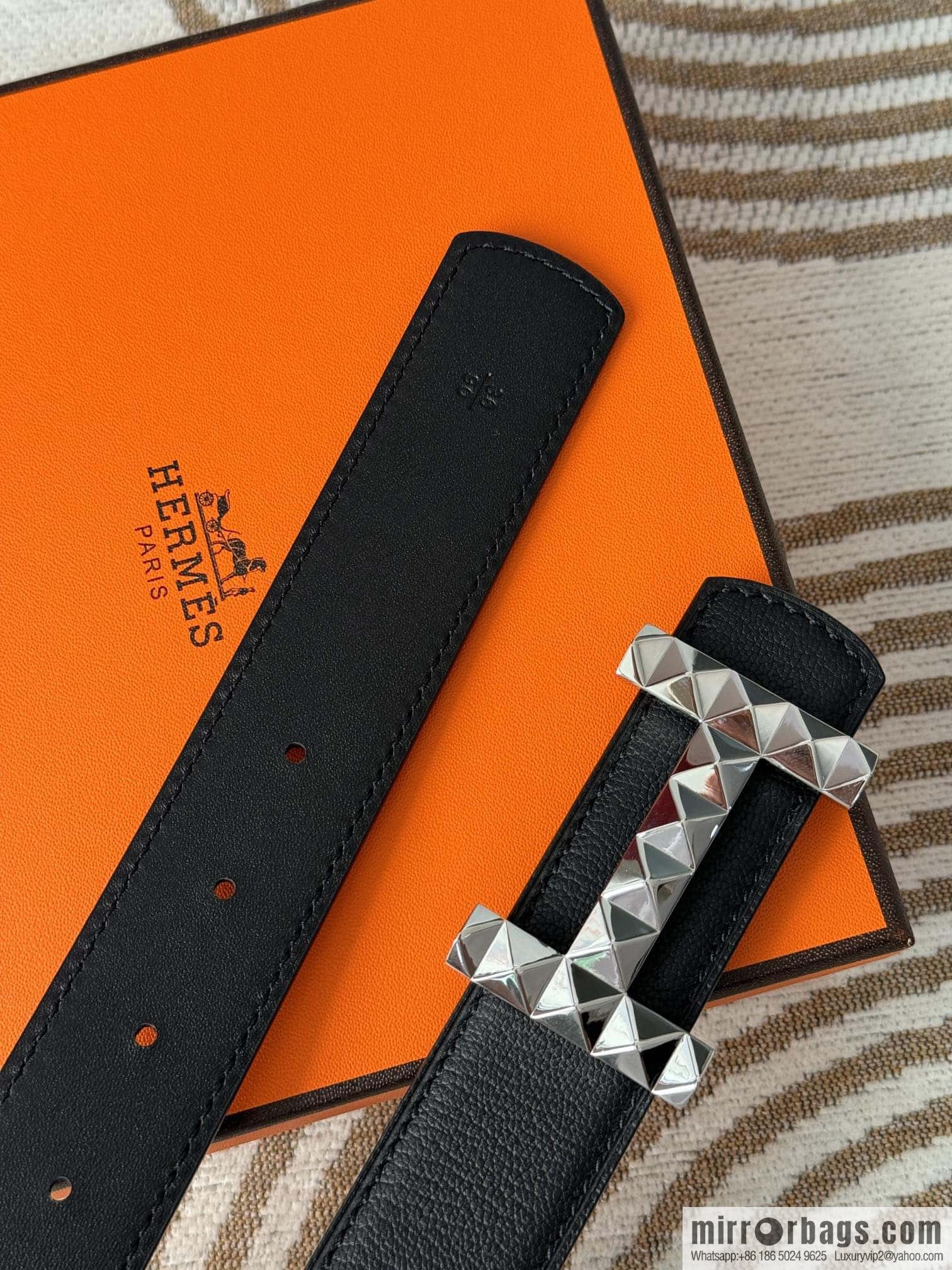 Hermes, double-sided first layer sheep texture stainless steel diamond pattern button head belt 3.5CM