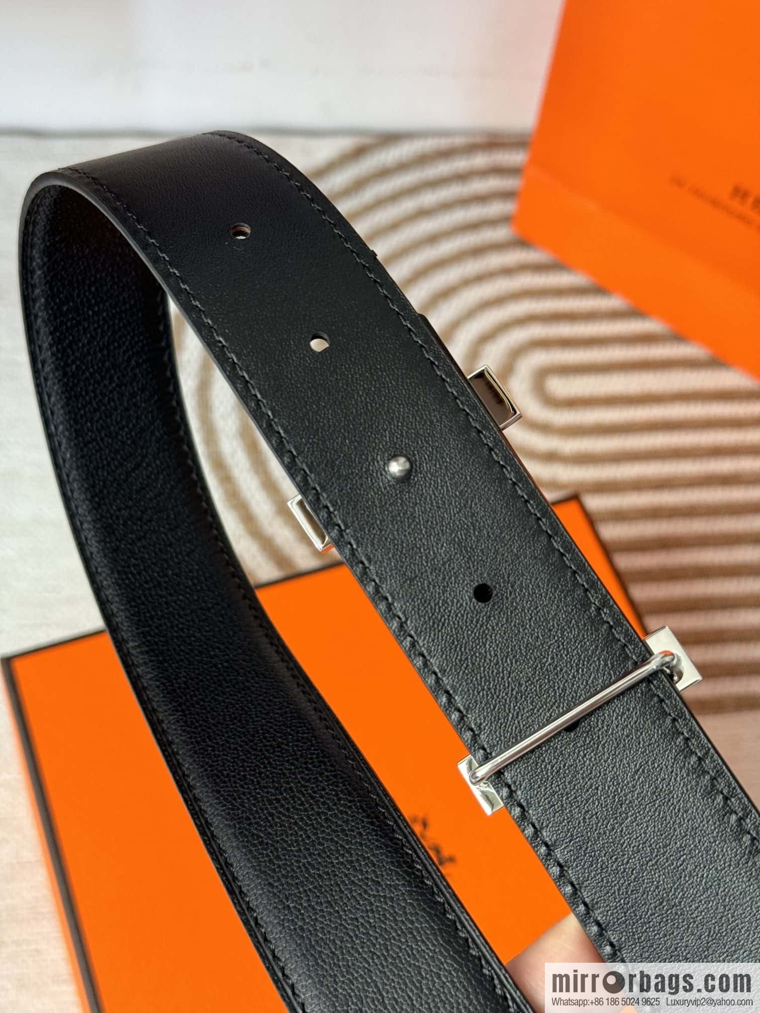 Hermes, double-sided first layer sheep texture stainless steel diamond pattern button head belt 3.5CM